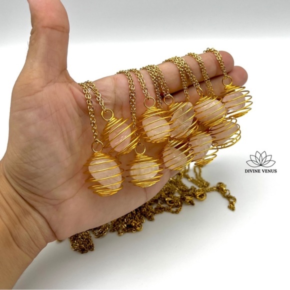 Rose Quartz Necklace | Gold Plated Stainless Steel Chain | Spiral Wired - Picture 8 of 11